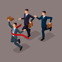 Trendy isometric people, 3d businessmen, running, competition, being first, getting a prize, young entrepreneurs with a briefcase isolated on a dark background
