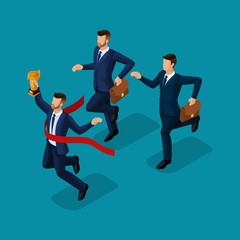 Trendy isometric people vector, 3d businessmen jump, running, idea, joy, business scene, connected with a young businessman on a blue background