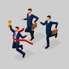 Trendy isometric people, 3d businessmen running, success, getting cup, reaching goal, young businessman isolated on a gray background