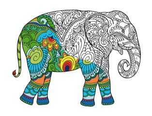 Drawing stylized elephant. Freehand sketch for adult anti stress coloring book for adultpage with doodle and zentangle elements. With sample coloring