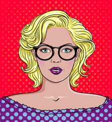 Pop art vector illustration of a woman with Glasses. Beautiful woman portrait 