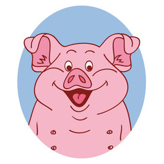Pig face. Pig isolated. Pig portrait on white background, happy character piggy. Cartoon pig looks out from the blue hole. Vector illustration 