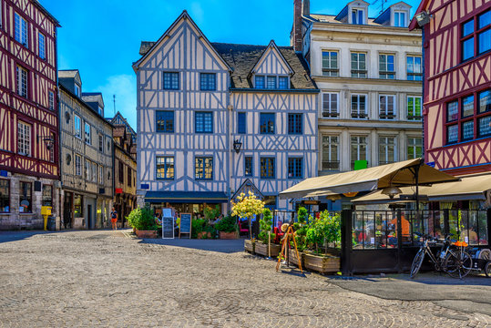 Fototapeta Cozy street with timber framing houses in Rouen, Normandy, France
