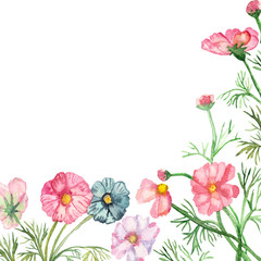 Watercolor frame delicate pink, lilac and blue flowers on green stems with needle leaves with...