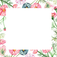 Watercolor frame delicate pink, lilac and blue flowers on green stems with needle leaves with falling petals isolated on white background.