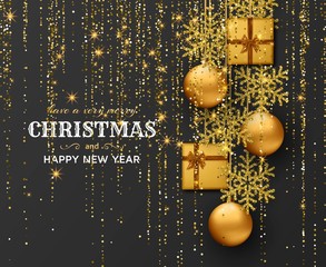 Merry Christmas background with shiny snowflakes, golden balls, gift boxes and gold colored tinsel and streamer. Greeting card and Xmas template.