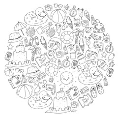 Beach and travel. Vector icons with summer vacation elements.