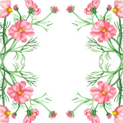 Watercolor frame delicate pink flowers on green stems with needle leaves isolated on white background.