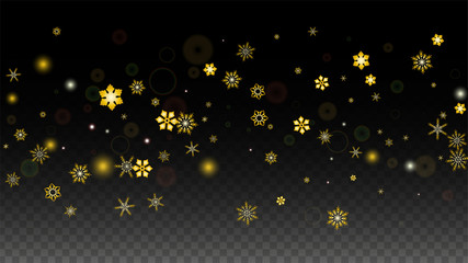 Christmas  Vector Background with Gold Falling Snowflakes Isolated on Transparent Background. Realistic Snow Sparkle Pattern. Snowfall Overlay Print. Winter Sky. Design for Party Invitation.