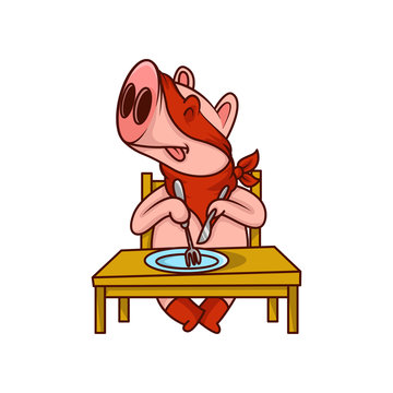 Pig superhero sitting behind table with fork and knife, ready to eat. Humanized animal in red mask. Cartoon vector icon