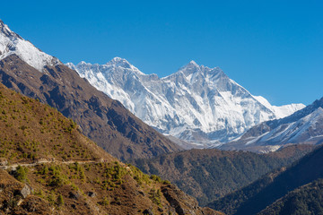 Fototapeta na wymiar Everest, Lhotse and Ama Dablam summits.