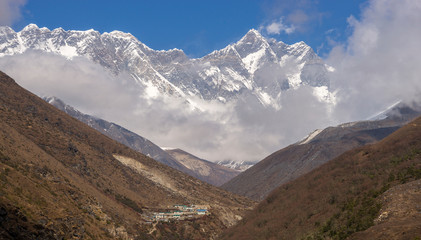 Everest summit, Lhotse and village in Himalayas
