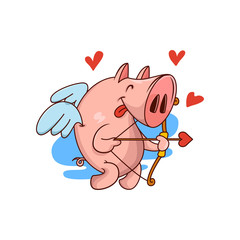 Pig cupid with bow and arrow, red hearts flying in the air. Funny farm animal with small wings. Cartoon vector icon