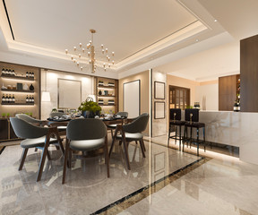 3d rendering luxury wood kitchen with decoration
