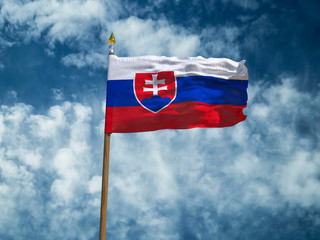 Slovakia flag Silk waving flag of Slovakia made transparent fabric with wooden flagpole gold spear on background sunny blue sky white smoke clouds real retro photo Countries of world 3d illustration