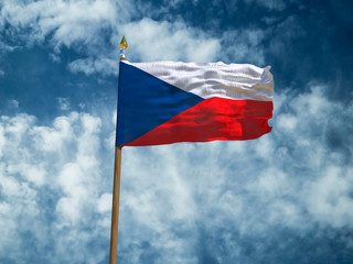 Czechia flag Silk waving flag of Czechia made transparent fabric with wooden flagpole gold spear on background sunny blue sky white smoke clouds real retro photo Countries of world 3d illustration