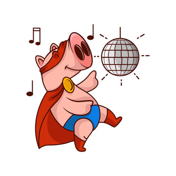 Funny pig superhero in dancing action. Party with disco ball. Humanized animal. Cartoon vector icon