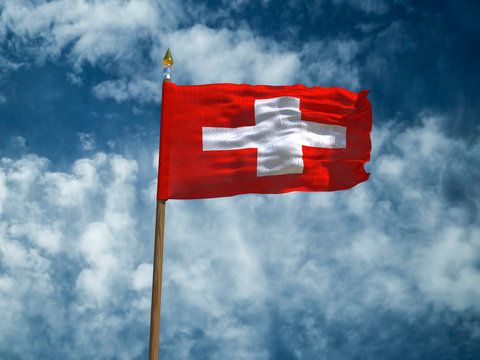 Switzerland flag Silk waving flag Switzerland made transparent fabric wooden flagpole gold spear on background sunny blue sky white smoke clouds real retro photo Countries of world 3d illustration