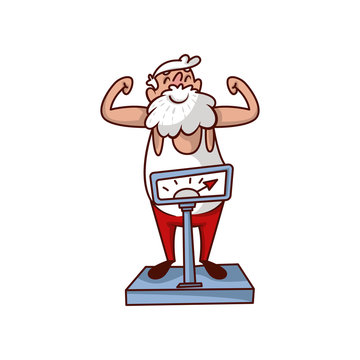 Cheerful Santa Claus standing on scales and showing biceps. Old bearded man with happy face. Cartoon vector design