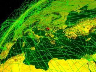 Fototapeta premium Kosovo on model of green planet Earth with international networks. Concept of digital communication and technology.