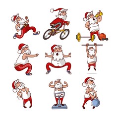 Vector set of fat Santa Claus in different actions. Old bearded man engage sports. Physical activity. Cartoon character