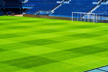 Green soccer field with blue seats and lawn mower