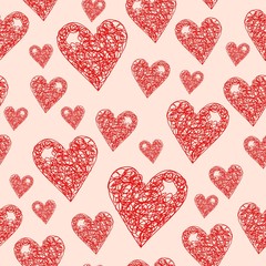 Fototapeta na wymiar Cute red scribbled hearts vector seamless pattern with pink background.