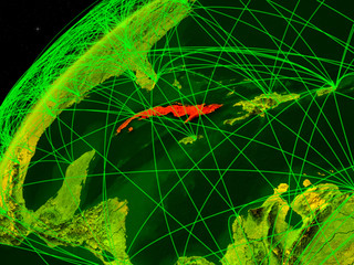 Cuba on model of green planet Earth with international networks. Concept of digital communication and technology.