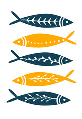 Sea fish simple styling print. Two color. Quote lettering with sea rope. Print for kids t-shirt and sea style souvenirs. Isolated on white background. Fish set collection
