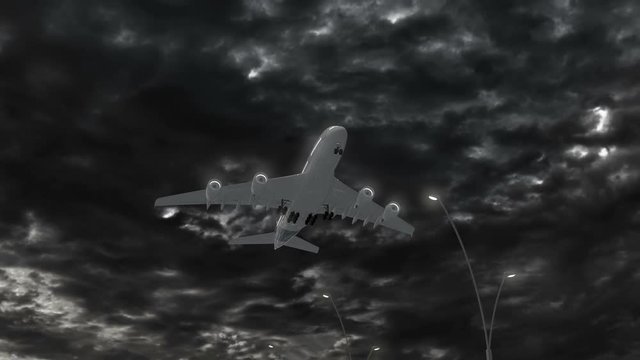 Western Sahara, approach of the aircraft to land at night in cloudy weather, flying over the name of the country and its flag