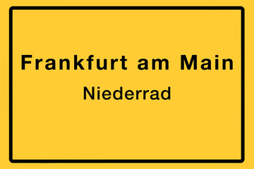 Symbolisches Ortsschild der Stadt Frankfurt am Main mit Name des einzelnen Stadtteils für z.B. örtliche Berichterstattung