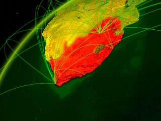 South Africa on model of green planet Earth with international networks. Concept of digital communication and technology.