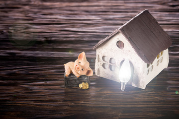 Led lamps and piggy bank lie on a wooden background