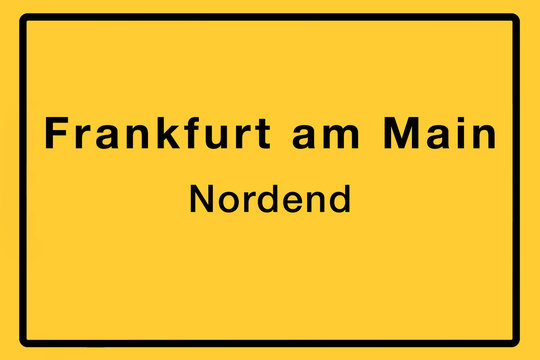 Symbolisches Ortsschild der Stadt Frankfurt am Main mit Name des einzelnen Stadtteils f&uuml;r z.B. &ouml;rtliche Berichterstattung