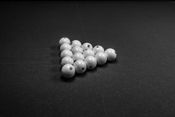 The game of American and Russian billiards. Pool table, ball and cue. Sports leisure. Friendly tournament. Winter fun. Green cloth in billiards. Luza for the ball. Aim and beat. Cue kick. - obrazy, fototapety, plakaty