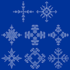 Vector collection of artistic icy abstract crystal snow flakes isolated on background as winter december decoration group or collection. Ice or frost beautiful star ornament silhouette or season art