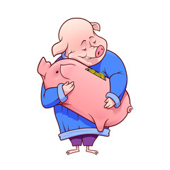 Happy fat pig is hugging a piggybank with golden coins within. Vector illustration.