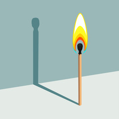 Flame has no shadow. Illustration of burning match and its shadow