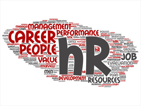 Vector concept conceptual hr or human resources career management abstract word cloud isolated on background. Collage of workplace, development, hiring success, competence goal, corporate or job text