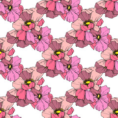Vector Pink rosa canina flower. Engraved ink art. Seamless background pattern. Fabric wallpaper print texture.