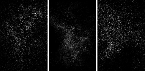 White grainy texture isolated on black background. Damaged textured. Snow design elements. Set vector illustration,eps 10.