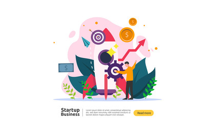 Fototapeta na wymiar start up idea concept. project business with rocket tiny people character. new product or service launch template for web landing page, banner, presentation, social, print media. Vector illustration.