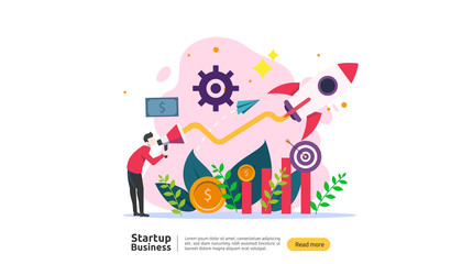 start up idea concept. project business with rocket tiny people character. new product or service launch template for web landing page, banner, presentation, social, print media. Vector illustration.