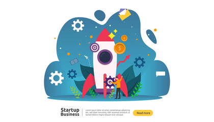 start up idea concept. project business with rocket tiny people character. new product or service launch template for web landing page, banner, presentation, social, print media. Vector illustration.