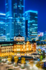 night view of tokyo station with tilt shift