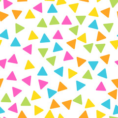 Seamless abstract geometric pattern of triangles in random order. Funny, happy and children theme. Simple flat vector illustration.