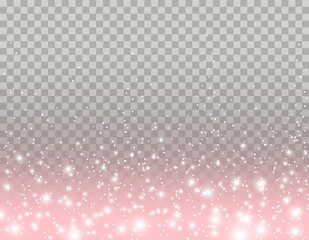 Pink glitter particles, shine confetti and glowing lights effect for luxury greeting card design. Vector white stars sparkle on transparent background.