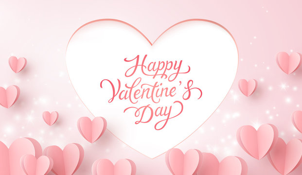 Happy Valentine's Day postcard. Paper flying hearts with lettering, glowing lights on pink background. Vector symbols of love for romantic greeting card design.