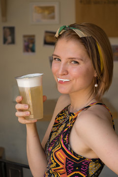 beautiful woman drinking cheese tea