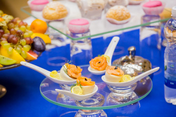 A variety of desserts, fruits and snacks at the Banquet. Buffet table, catering.